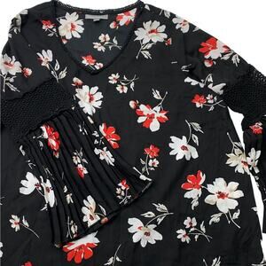 Jessica London Womens 22W Black Floral Red Pleated Sleeve Semi Sheer Blouse